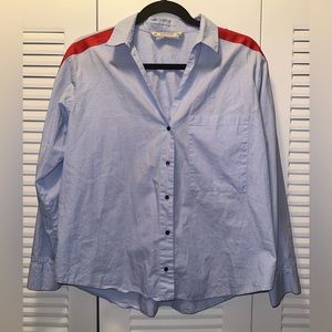 Zara blue button up red ribbons